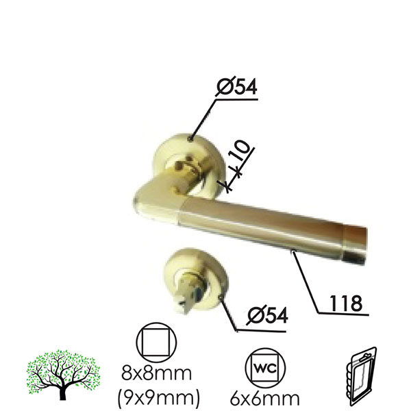 Kvaka rozeta za vrata SOMBOR Ms/Mat-Ms fi54/10/118/8/9mm  WC 6x6mm DBP3