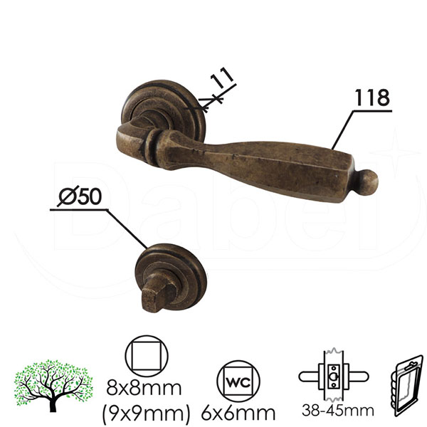 Kvaka rozeta za vrata BOR Ab fi50/11/118/8/9mm  WC 6x6mm Q