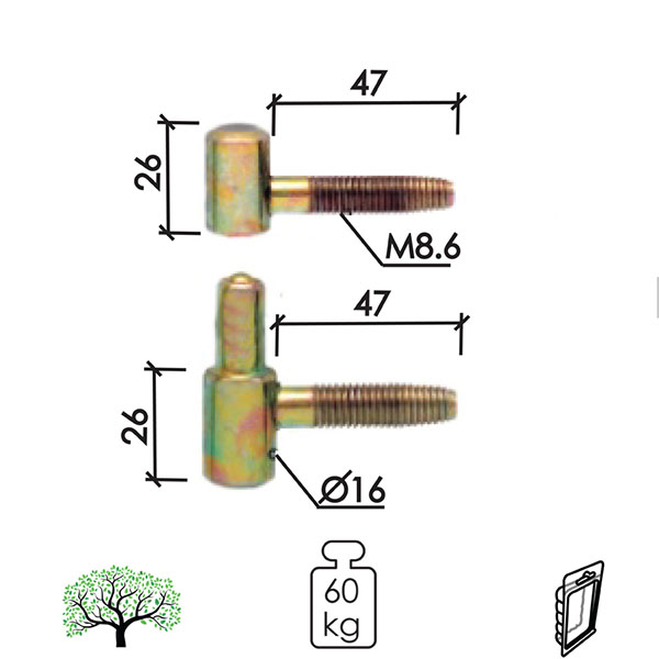 Šarka uvrtna za vrata SP055 ZnŽ fi16x52/47mm  60kg DP1