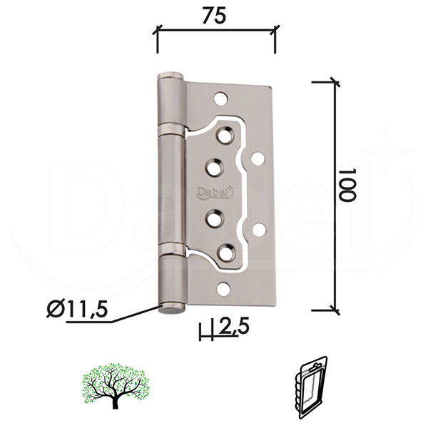 Šarka brodska za vrata SP9009 B-Ni x100x75x2,5mm/fi11,5 (2kom) Mali falc BPDQ