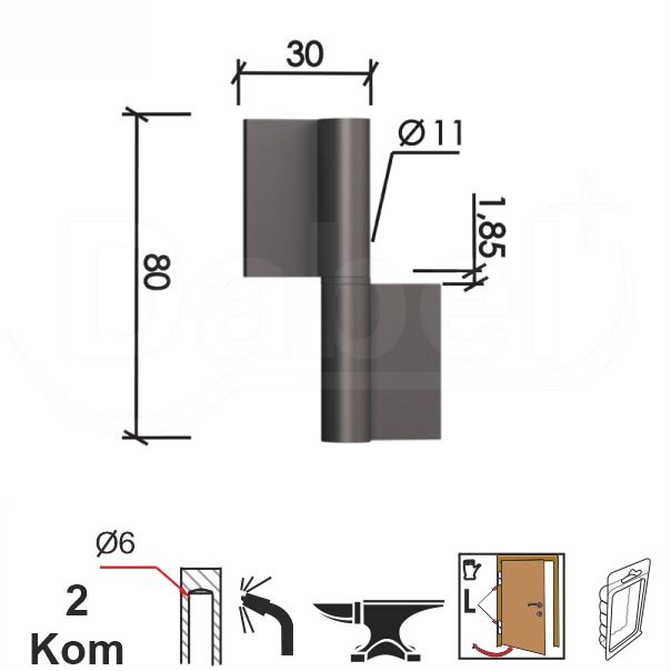 Šarka bravarska za vrata SP8 Ne 80x30x1,85mm (2kom) Leva DBP1