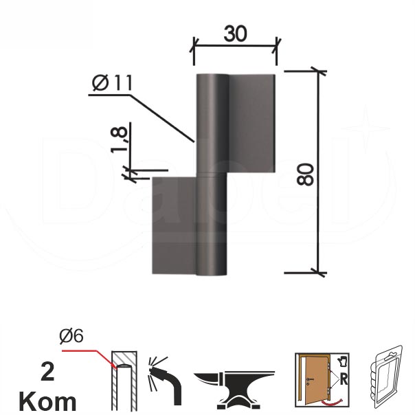 Šarka bravarska za vrata SP8 Ne 80x30x1,85mm (2kom) Desna DBP1