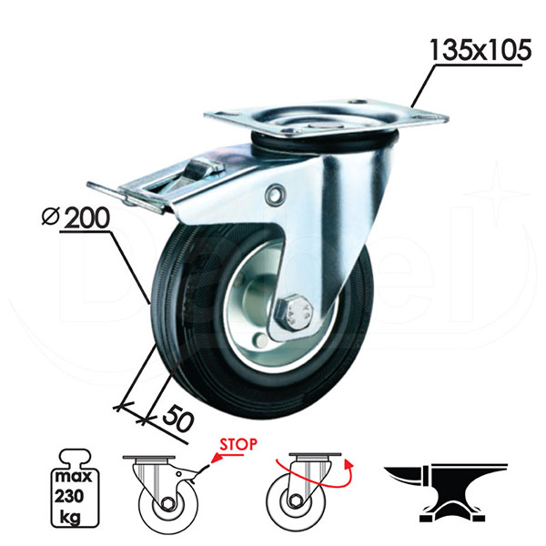 Točak za kontejner sa kočnicom T12 ZnB fi x200x50/135x105mm   OPD