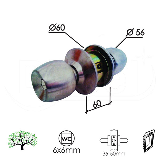 Brava sa rozetom kugla kugla B3000 Inox 60mm  WC 6x6mm DBP0
