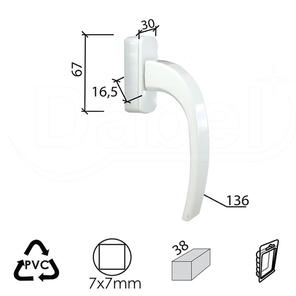 Ručica za prozore TARA-P RAL9016Be 7x7/38/30X67X16,5/61/136mm  Akustik DP1