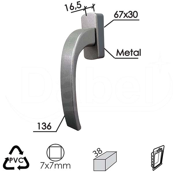 Ručica za prozore TARA-P Silver 7x7/38/30X67X16,5/61/136mm  Akustik DP1