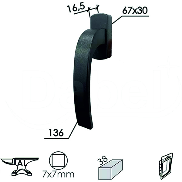 Ručica za prozore TARA-P RAL9005txt 7x7/38/30X67X16,5/61/136mm  Akustik DP1