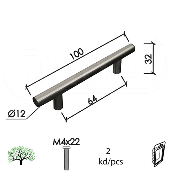 Ručica za nameštaj C90 Inox 64/100/32/fi12mm (2kom) M4x22mm DBP2