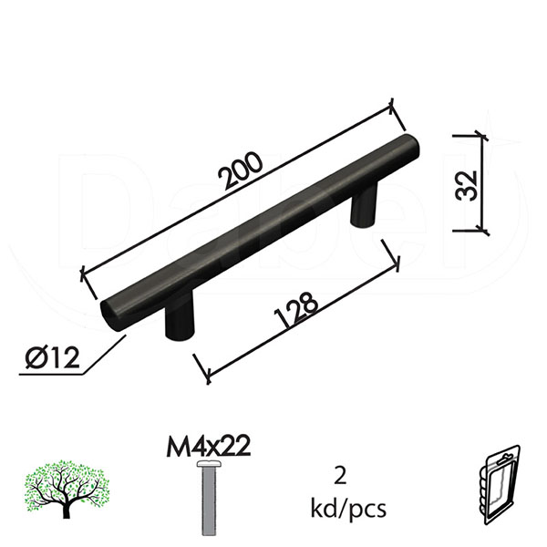 Ručica za nameštaj C90 Crna x128/200/32/fi12mm (2kom) M4x22mm DBP1