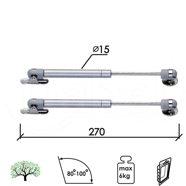 Amortizer gasni za nameštaj A930 Silver 270/15mm (2kom) 60N/6kg DBP1