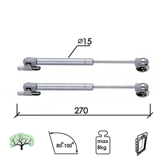 Amortizer gasni za nameštaj A930 Silver 270/15mm (2kom) 80N/8kg DBP1
