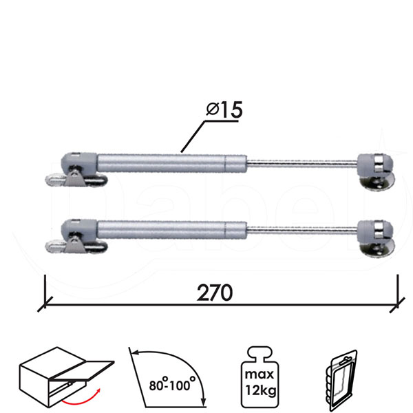 Amortizer gasni za nameštaj A930 Silver 270/15mm (2kom) 120N/12kg DBP1