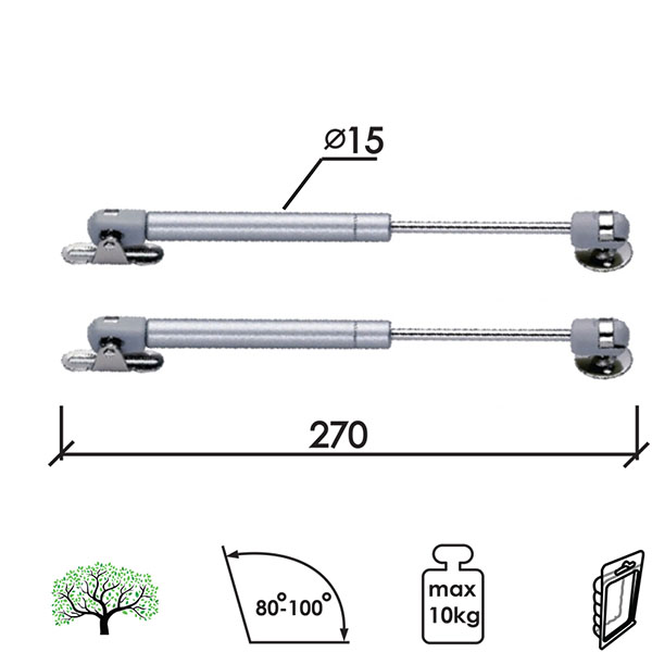 Amortizer gasni za nameštaj A930 Silver 270/15mm (2kom) 100N/10kg DBP1