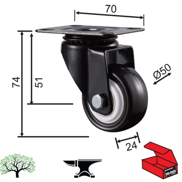 Točkić za nameštaj-rotirajući TN02 Crna 50/24/74/70x51mm  40kg