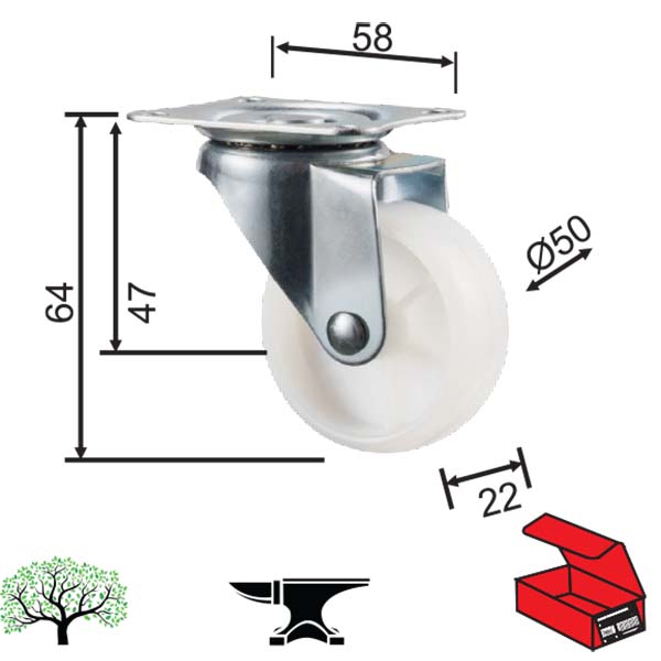Točkić za nameštaj-rotirajući TN05 Bela 50/22/64/58x47mm  30kg