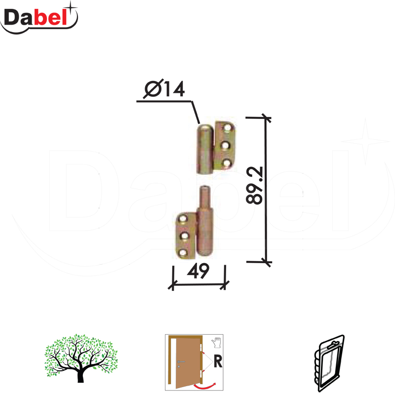 Šarka uvrtna za vrata SP085 ZnŽ 89.2x49x3/fi 14mm  Desna DP1