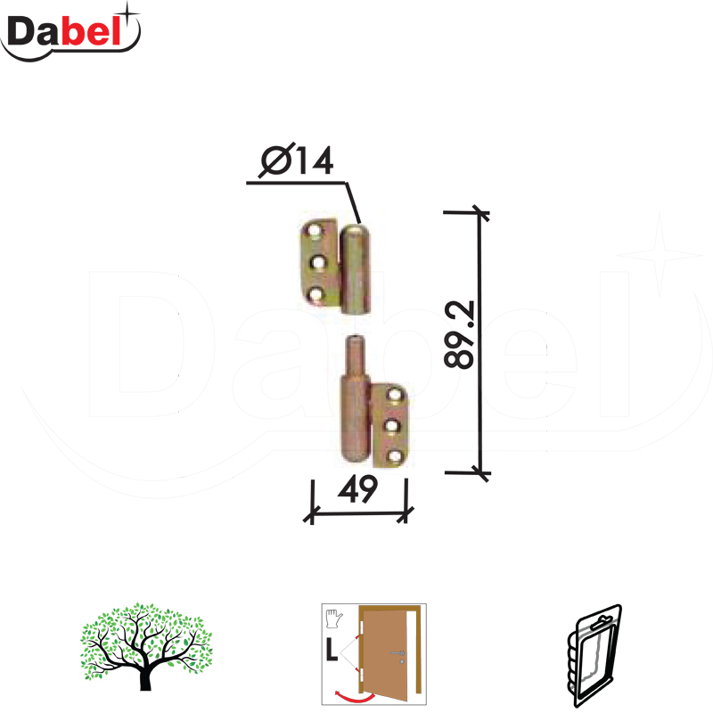 Šarka uvrtna za vrata SP085 ZnŽ 89.2x49x3/fi 14mm  Leva DP1