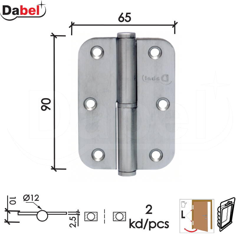Šarka brodska za vrata SP9008 Inox 90x65x2,5mm (2kom) Leva